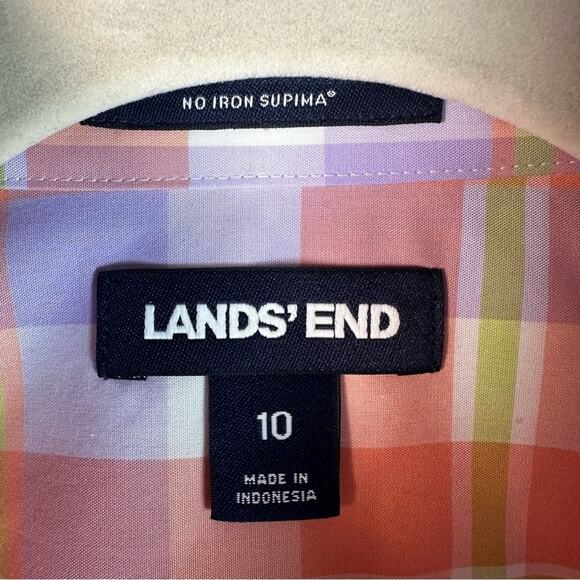 Lands’ End button-down shirt 3/4 sleeve plaid, pastel, spring, colorful feminine - Picture 4 of 9